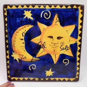 Hausen Ware Painted Celestial Sun Moon Stars Glazed Ceramic Trivet/Wall  Decor